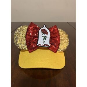 Disney Style Minnie Mouse Yellow Belle Visor Sequin Ears W/ Rose for Adults